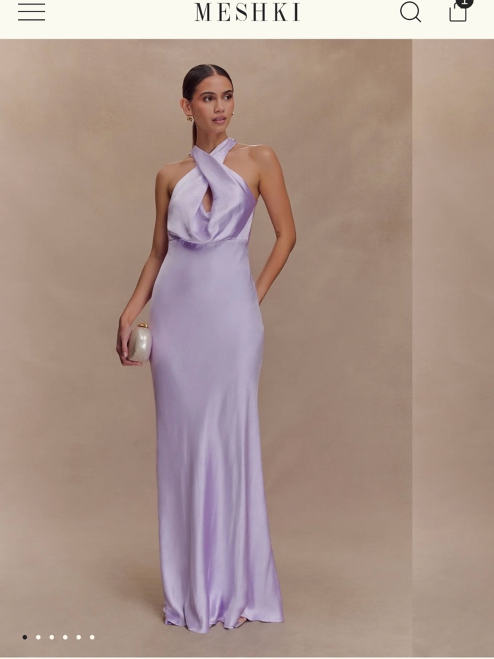 Meshki Satin Lilac Twist Halter Gown